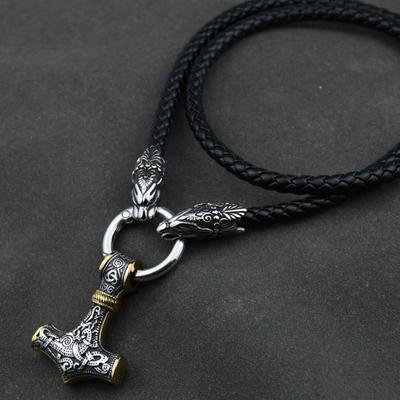 Men Stainless Steel Wolf Head Norse Viking Amulet Thor Hammer Pendant Necklace with Leather Chain