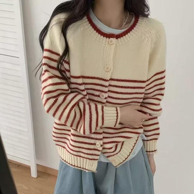 New Striped Contrasting Color Design Round Neck Single-breasted Long-sleeved Loose Knitted Cardigan Basic Coat