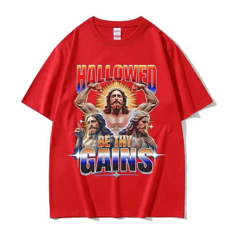 Hallowed Be Thy Gains Jesus Pump Cover Funny Meme Tshirts Unisexs Humor Fitness Muscular T Shirts Unisex Women Casual Cotton Tshirt