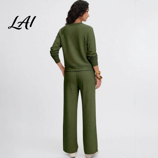 Pullover Sweatpants Set Women Sweatshirt Pants 2-Piece Set V-Neck Long Sleeve Top & Wide Lounge Sets Leg Trousers with Elastic Waist Solid