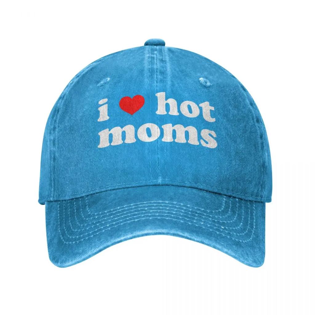 Jag älskar heta mammor Rött hjärta Basebollkepsar Sliten Bomullshuvudbonad Unisex Stil Utomhus Löpning Golf Justerbar Passform Kepsar Hatt