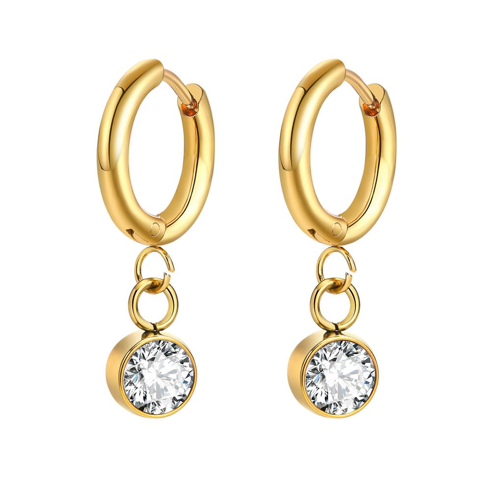 12 Colors Birthstone Huggie Earrings for Women, PVD Gold Color Tone Stainless Steel Brilliant AAA Cubic Zirconia Dangle Ear Clip