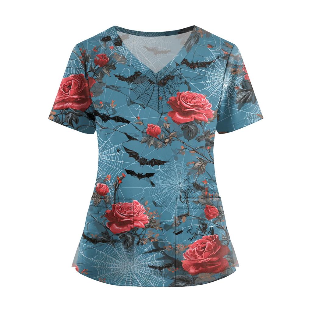 Dámská móda Overal s krátkým rukávem a výstřihem do V s kapsami Potisk Topů Oblečení