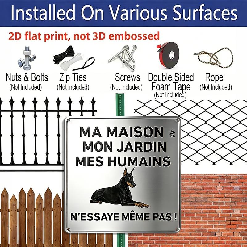 2D Flat, 1pc Funny French Doberman Warning Aluminum Plaque, "N'Essaye Même Pas" Letter Sign, Front Door, Yard & Kennel Decor, Pet Owner Humorous