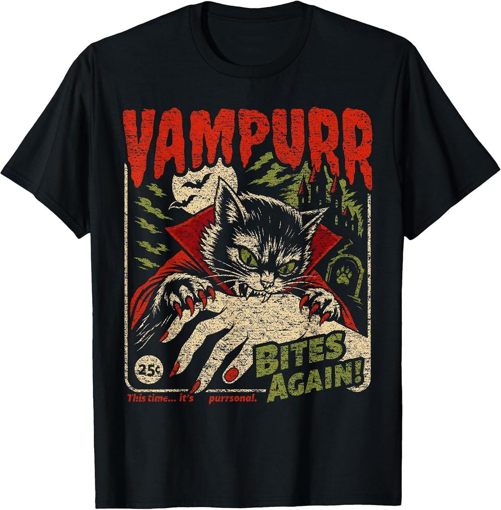 Vintage Halloween Vampire Black Cat Graphic Tee - Vampurr Bites Design