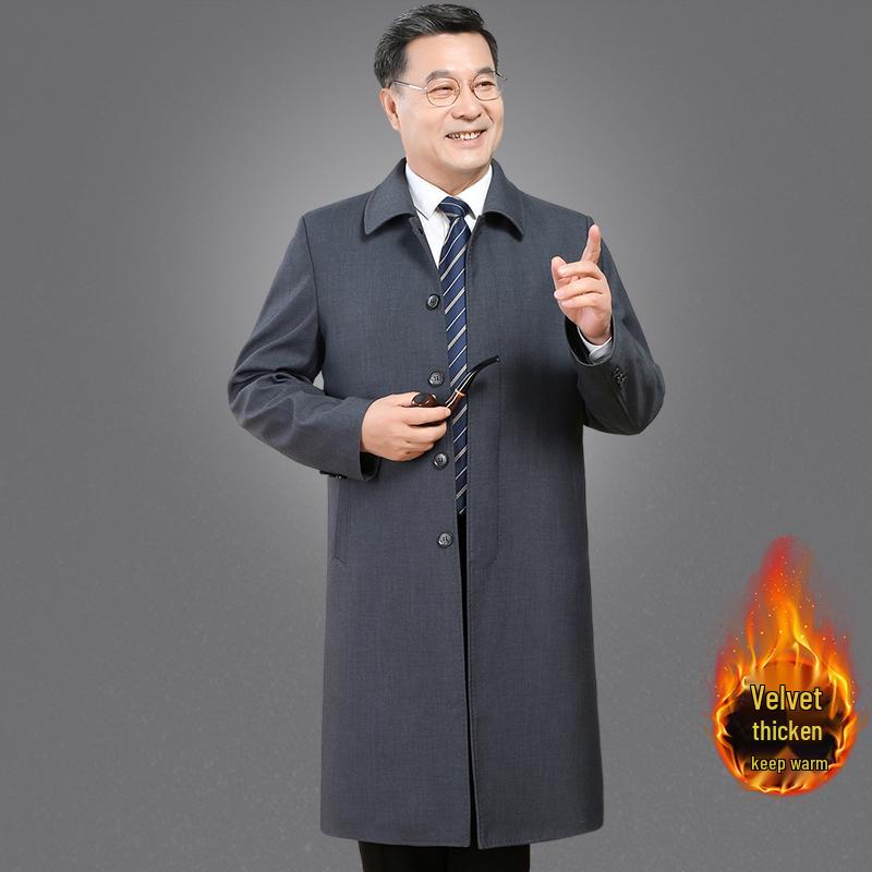 Men's Classic Car Trench Coat - Long Over-the-Knee Turn-Down Collar Outerwear for Middle-Aged and Elderly, Thickened for Spring, Autumn, and Winter.
