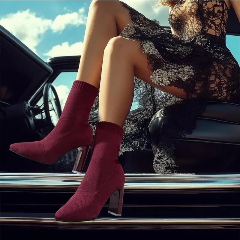 Fashion SyfIyno New Wine Red Black Womens Boots Pointed Toe Shoes Elasticity Knitting Short Spring Autumn Shoes Elegant High Heels Shoes