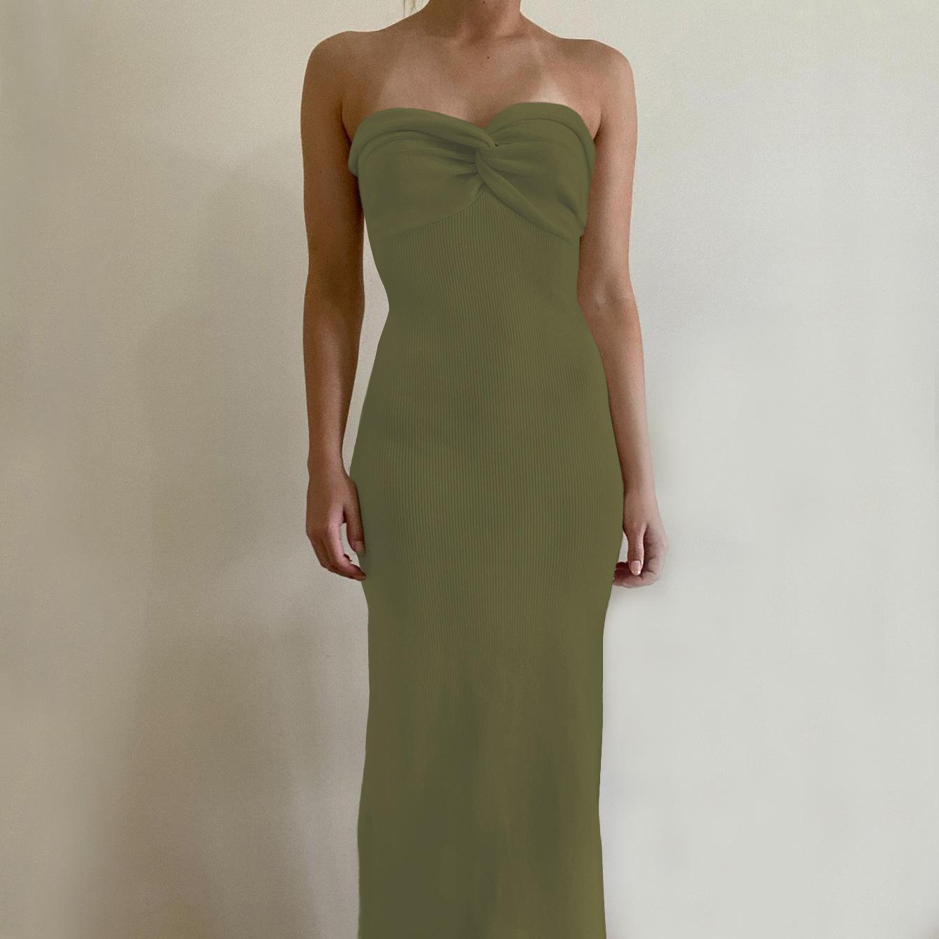 

Женское трикотажное элегантное платье с открытой спиной и без бретелек, клубное вечернее платье-свитер макси S армия зеленый