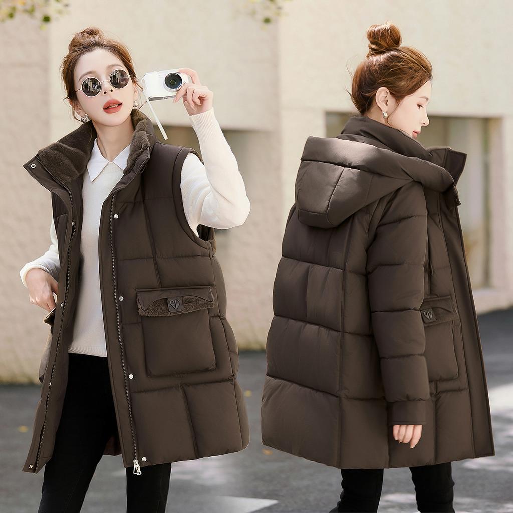 Removable sleeve medium and long cotton clothes women's new thickened warm loose hooded thin cotton coat