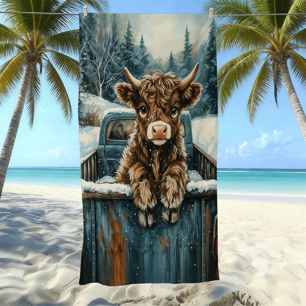 Europäisches und Amerikanisches Retro Hochlandrind Druck Strandtuch Mikrofaser Verdickt Wasseraufnahme Schnelltrocknend Outdoor Badetuch