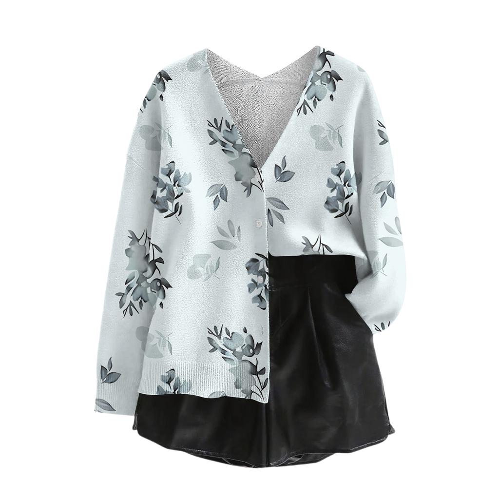 Women's V Neck Top Printing Thickened Plush Cashmere Warm Long Top