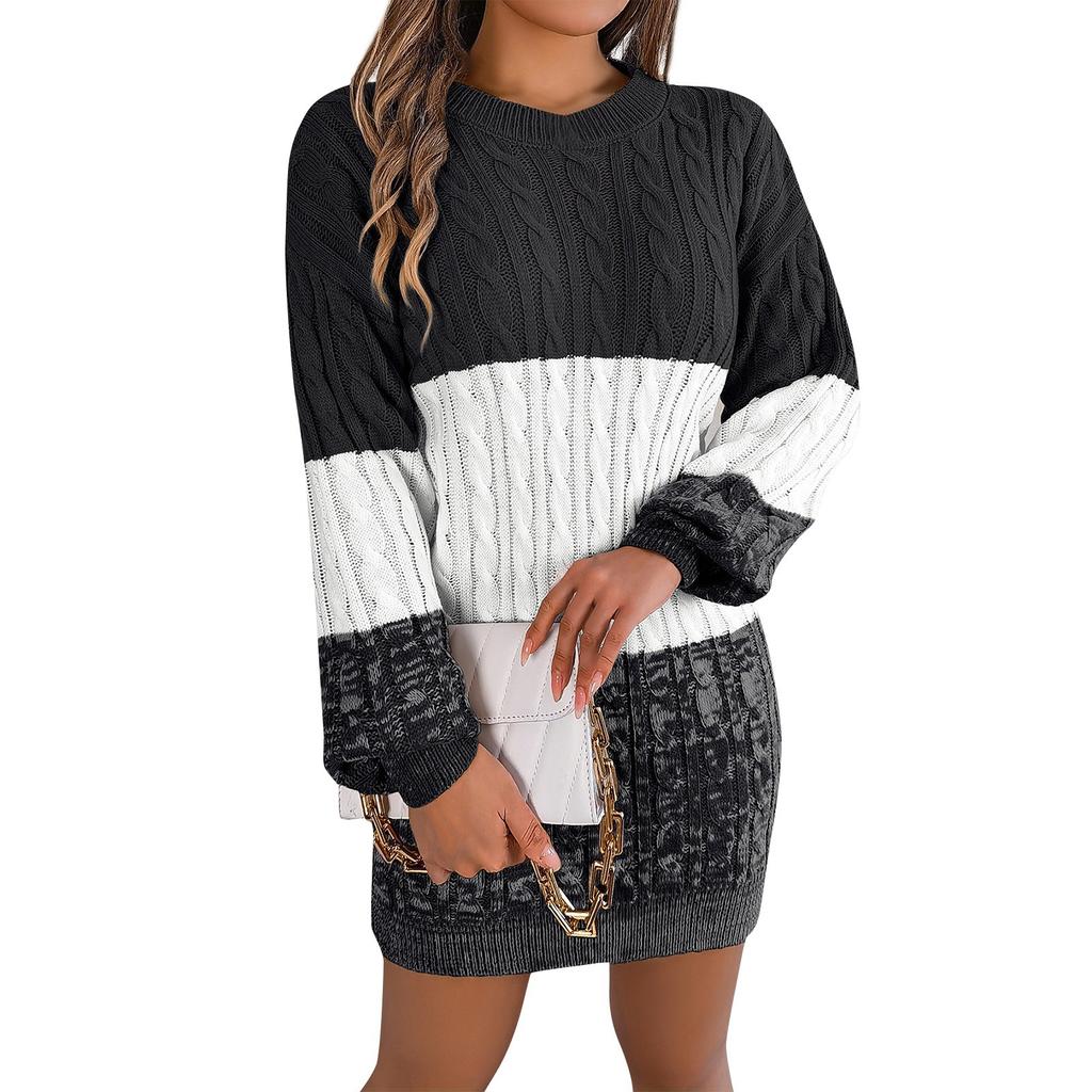Women's Fashion Retro Colorblock Round Neck Long Sleeve Sweater Hip Dress Short Skirt