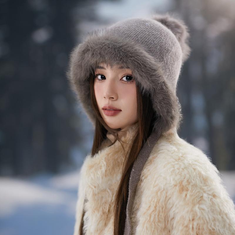 Czapka Damska Słodka Urocza Czapka z Pomponem Ochrona Uszu Ciepła Czapka Dzianinowa z Króliczej Wełny Zimowa Wełniana Czapka