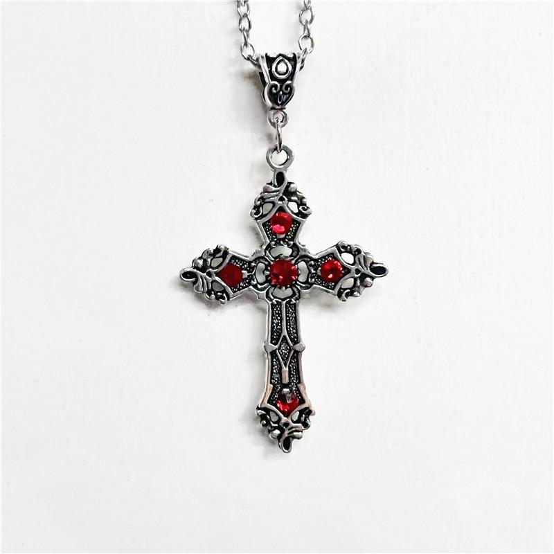 Gothic Black And Red Gemstone Cross Pendant Necklace With Alloy Chain For Men Women