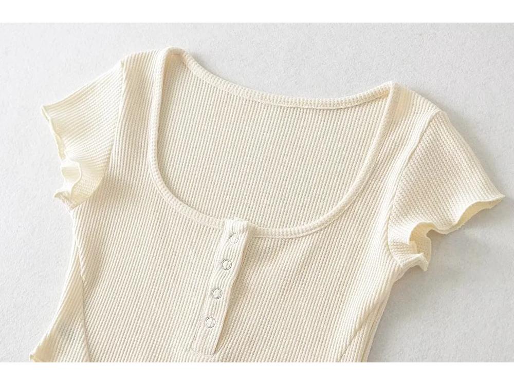 American Style Slim Fit U-Neck Buttoned Waffle Knit Crop Top for Women