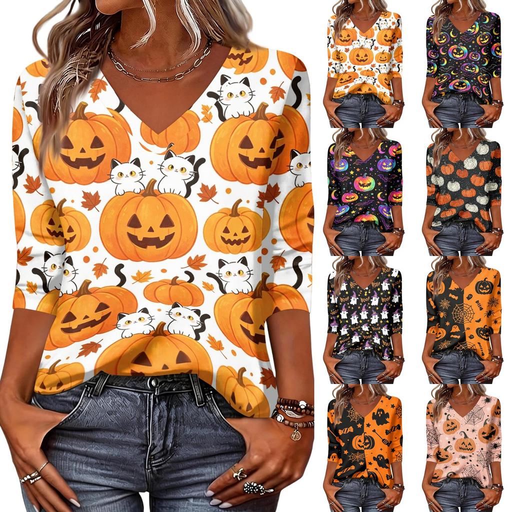 Women's Casual Halloween Print V Neck Three Quarter Sleeve Top Lightweight Comfortable Fit Seasonal Shirt for Everyday Wear