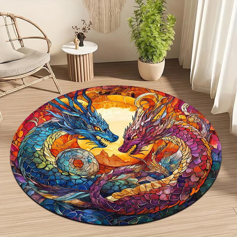 

Double Dragon Colorful Style Flannel-printed round floor mats are slip-resistant Suitable for living room terrace garden carpets 60cm x 60cm