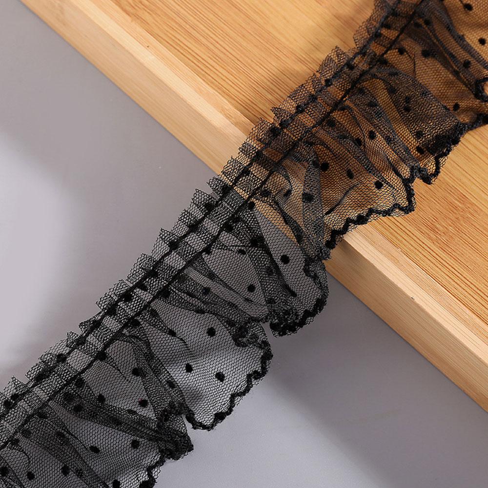 Luxury 5cm Wide 3D Pleated Lace Ribbon Black White Polka Dot Embroidery Ruffle Trim for DIY Doll Clothing Accessories