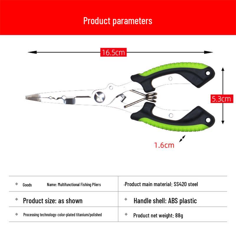 Edelstahl Angelzange - Gebogene Spitze, Schnurschneider, Hakenlöser, Rutschfester Griff, Multifunktionales Werkzeug mit Fangriemen.