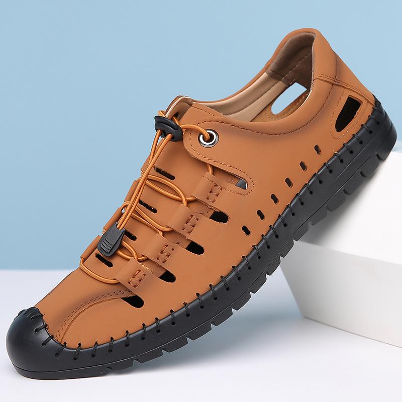 Fashion Big Size Casual Hallow Leather Sandals for Men 2025 Summer New Designer Solid Color Elastic Band Breathable Shoes Man