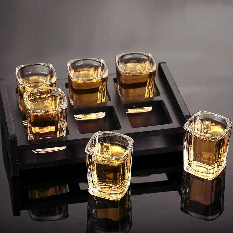 Glass Liquor Set White Wine Glass with Wooden Cup Holder Spirit Glass Shot Glasses Set Glass Cup Brandy Cups Drinking Glasses