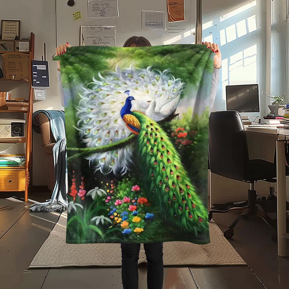 1Pc Peacock Oil Painting Print Flannel Blanket, High Quality Comfortable for All Seasons, Home Decor, Warmth and Comfort, Perfect for Christmas Gifts