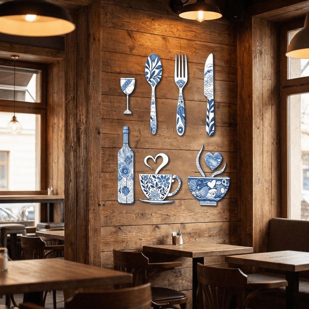 8PCS/SET Fork Wooden Wall Sticker Ornaments Pastoral Style Wooden Decorative Plaques Kitchen Decor