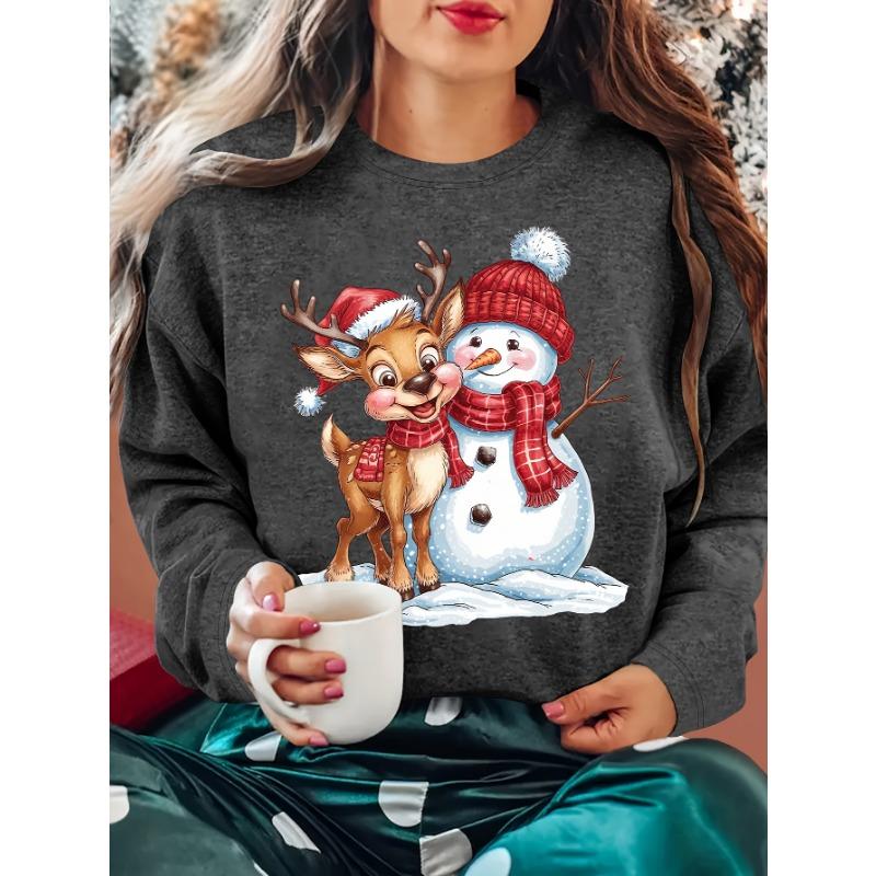 Women'S Christmas Apparel Autumn Women'S Clothing Snowman Reindeer Graphic Round Neck Long Sleeve T-Shirt