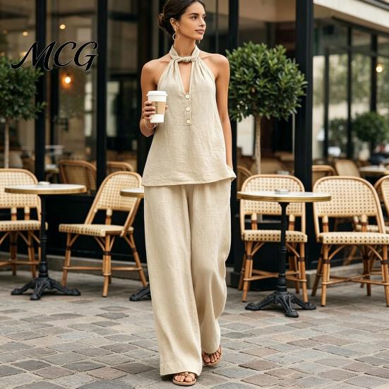 Versatile Women Outfit Summer 2 Piece Sets for Women, Halter V Neck Backless Top Breathable Fabric Suit And Wide Leg Pants Matching Set, Casual