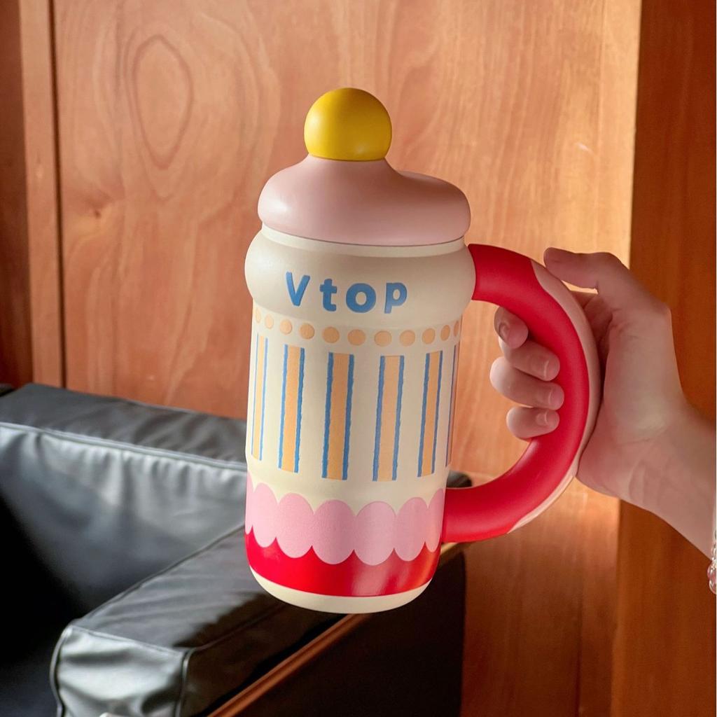 Cute Cartoon Large Capacity Insulated Coffee Cup for Girls Portable School Drinking Water Cup Stainless Steel Straw Cap