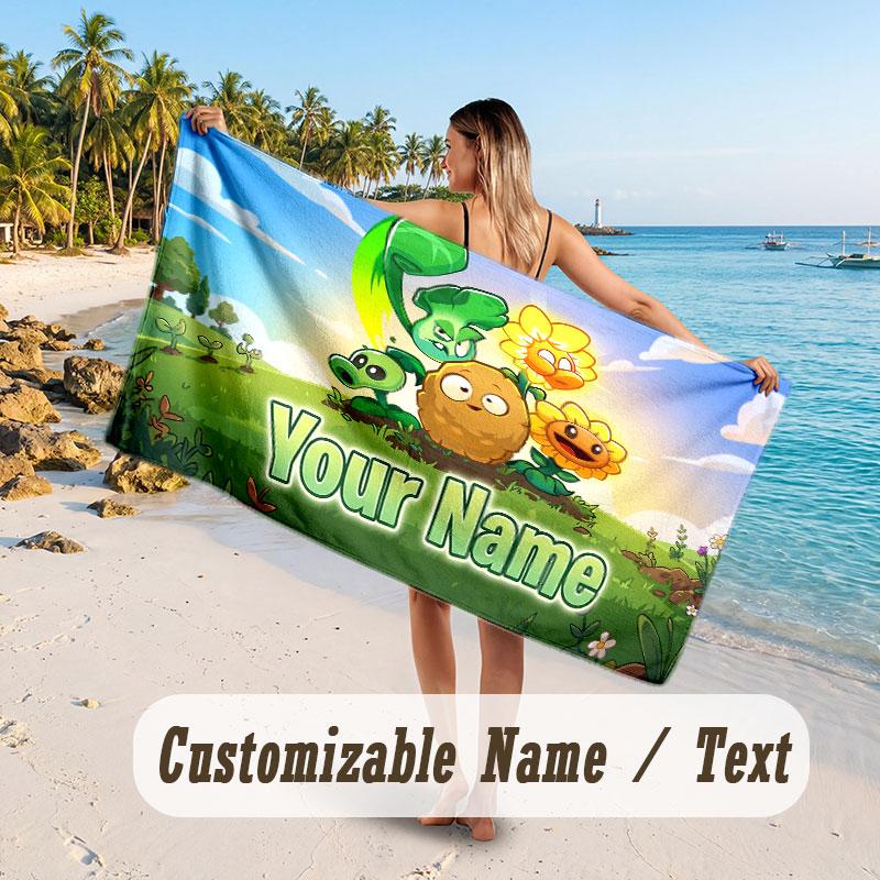 Personalized Beach Towel,Plants vs. Zombie Custom Printed Name Text, Super Absorbent Towel For Beach Vacation