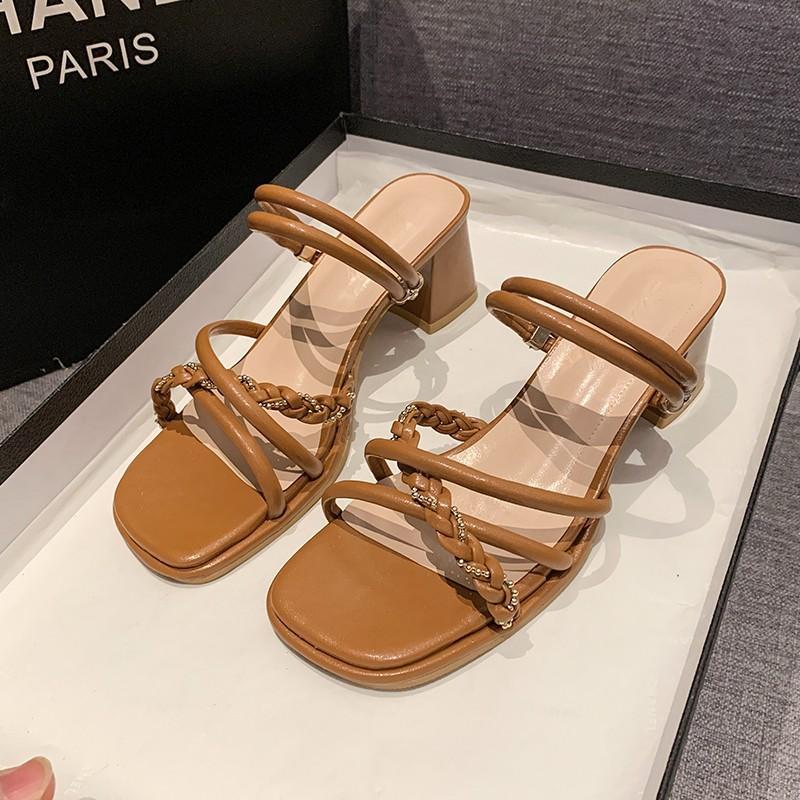 2025 summer new casual thick-heeled slippers women's open-toed one-word high heels fashion two sandals