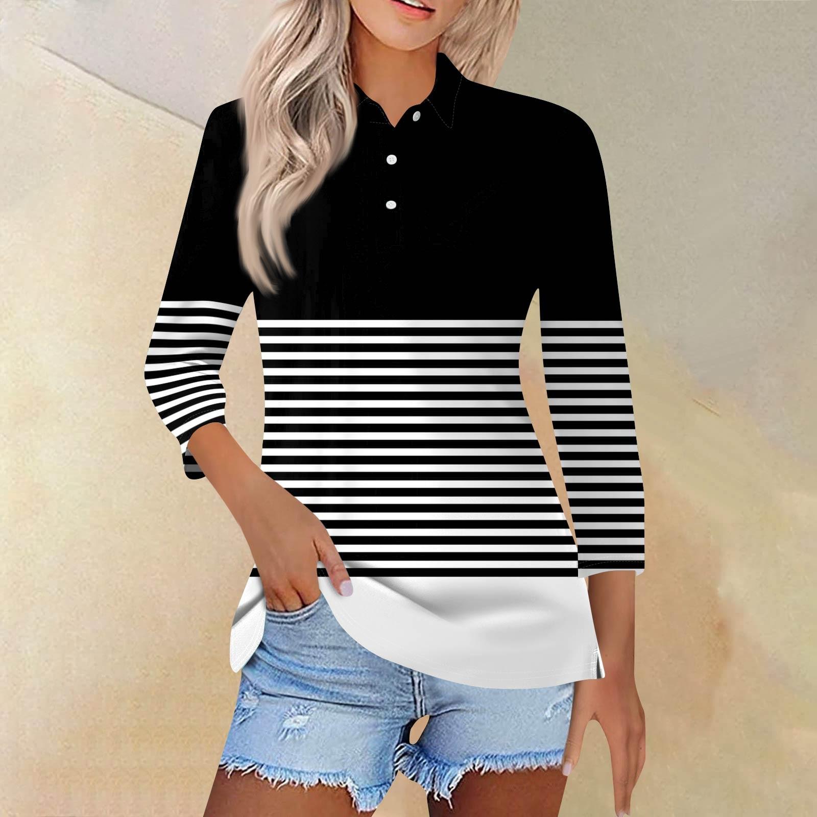 

Women s Fashion Casual Lapel Short 3/4 Sleeve Printed Shirt Women s Button Up Tops L чорний