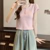 New Shoulder Slim-fitting Curved Round Neck Short-sleeved T-shirt Women's Short Button-up Summer Design Top