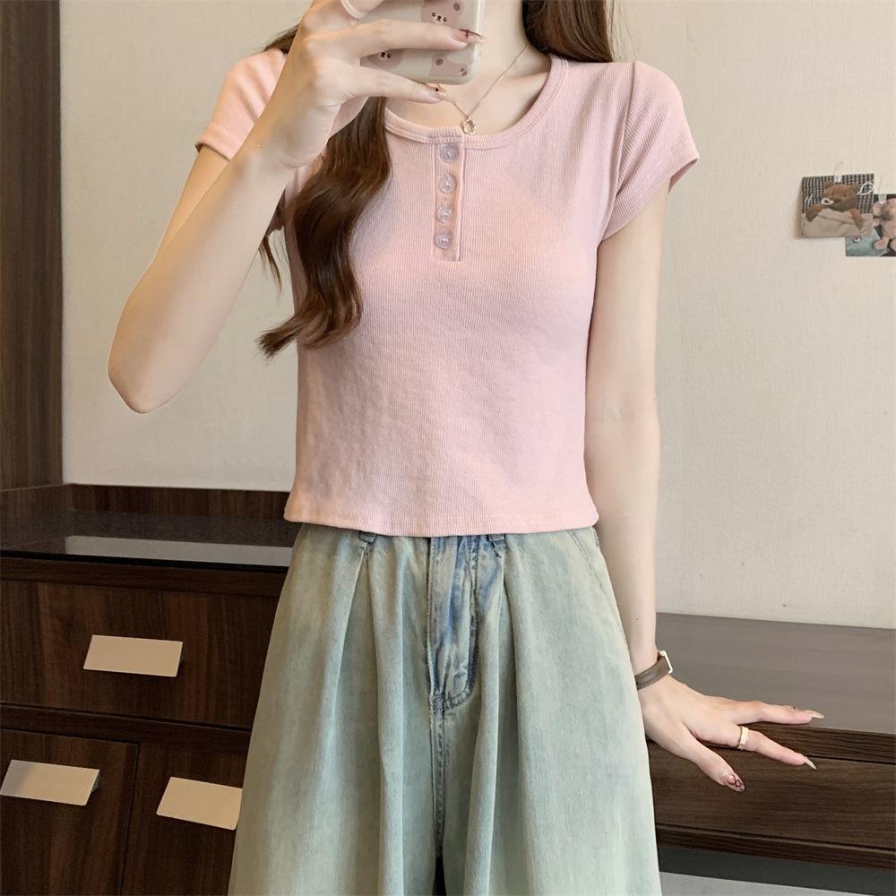 New Shoulder Slim-fitting Curved Round Neck Short-sleeved T-shirt Women's Short Button-up Summer Design Top