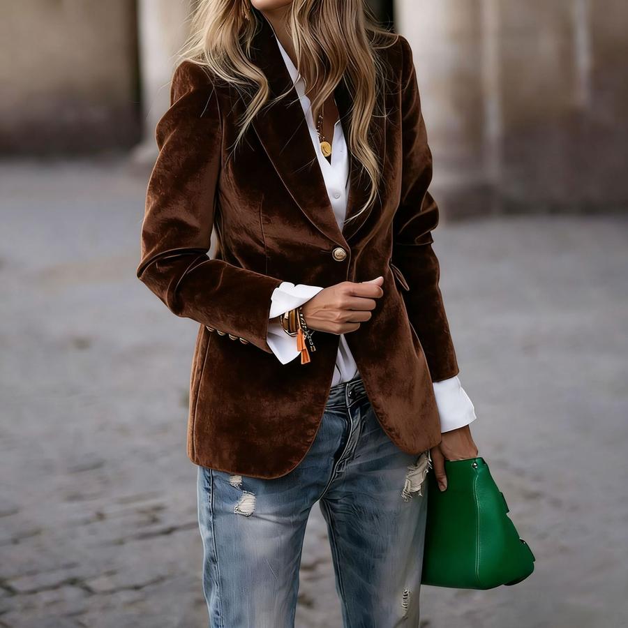 

Весняні Новинки Оксамитовий Елегантний Приталений Піджак з Кишенями L темно-коричневого кольору