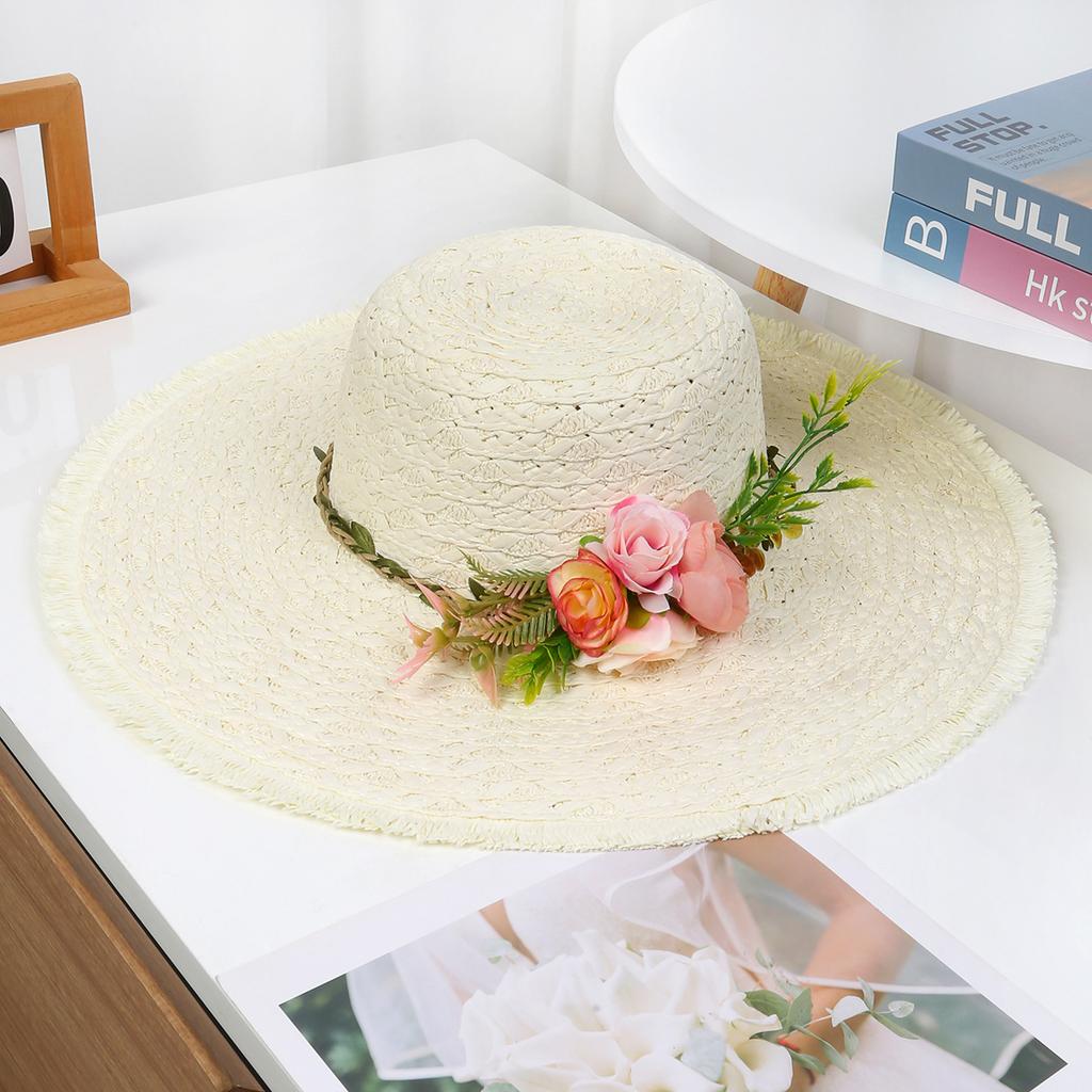 Lace Bow Straw Hat Women's Summer French Large Brim Sunscreen Hat Seaside Beach Vacation Sun Hat