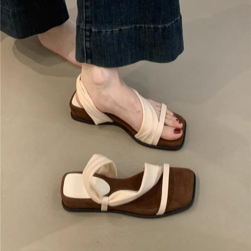 Thick-soled square head retro one-word with sandals for women to wear in the summer of 2025 with skirts and casual two-wear Roman sandals