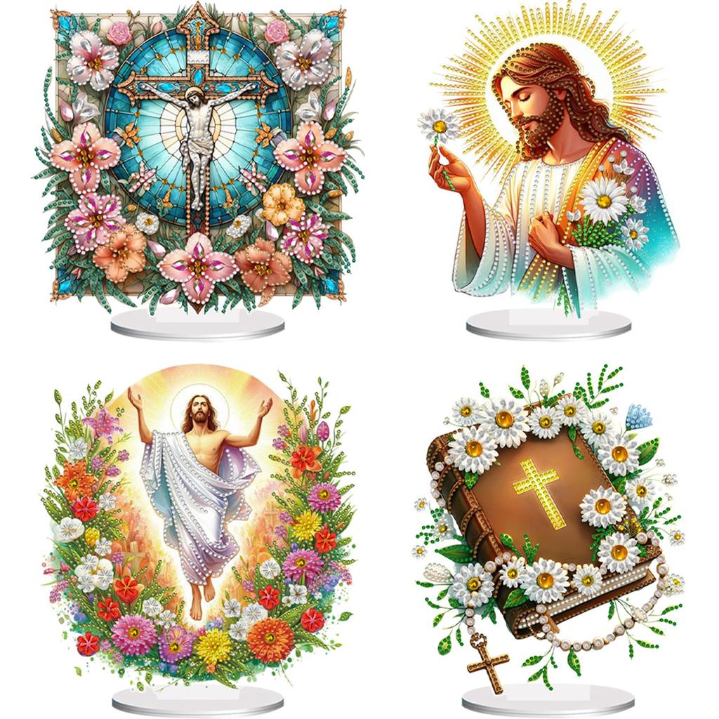 Acrylic Special Shape Cross Jesus Desktop Diamond Art Kits Rhinestones Desktop Ornaments 5D DIY Diamond Art Tabletop Decorations