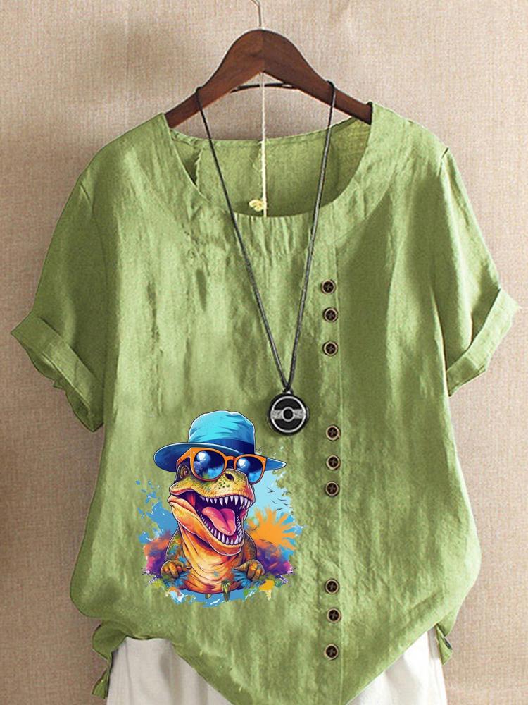 Women's Fashion Colorful Dinosaur Print Round Neck Short Sleeve T-shirt Summer Casual Cotton Linen Graphic Shirt Leisure Loose Blouse Tops