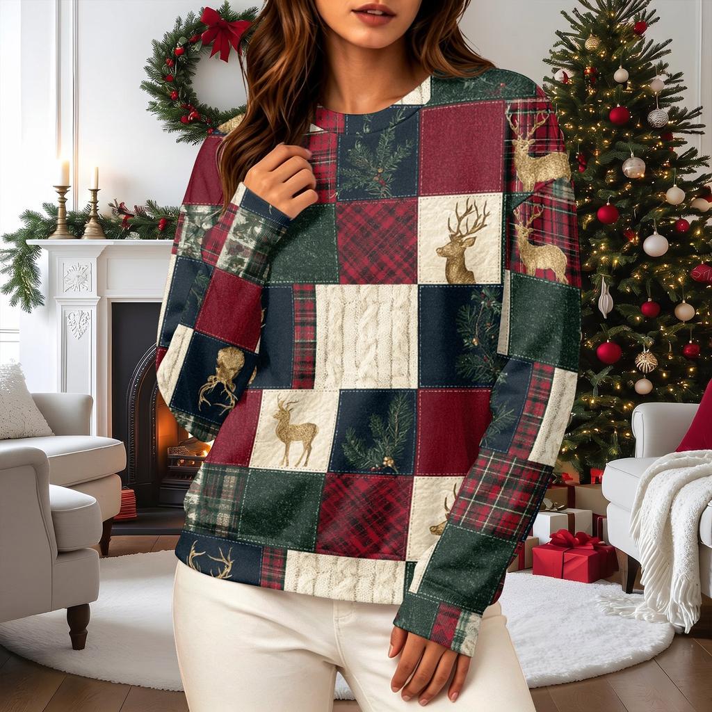 Women's Casual Long Sleeve Christmas Print Neck Sweatshirt
