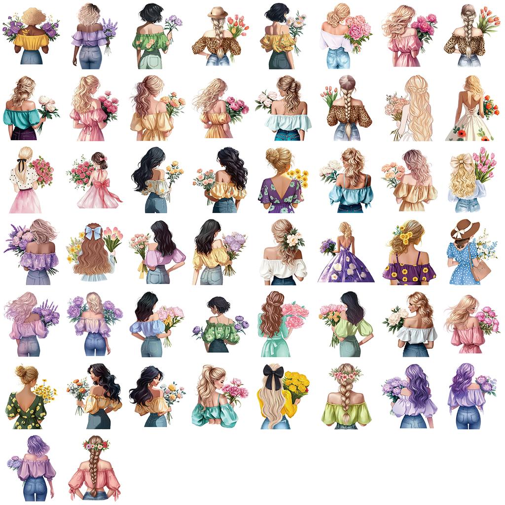 50PCS Floral Girl Stickers Transparent Waterproof Laptop, Mobile Phone, Luggage and Water Bottle Decorative Stickers