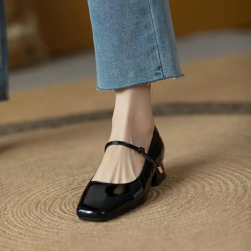 Fashion Elegant High Heels French Dress Party Shoes for Woman Platform Patent Leather Mary Jane Burgundy Black Square Toe Mid-heel Pumps
