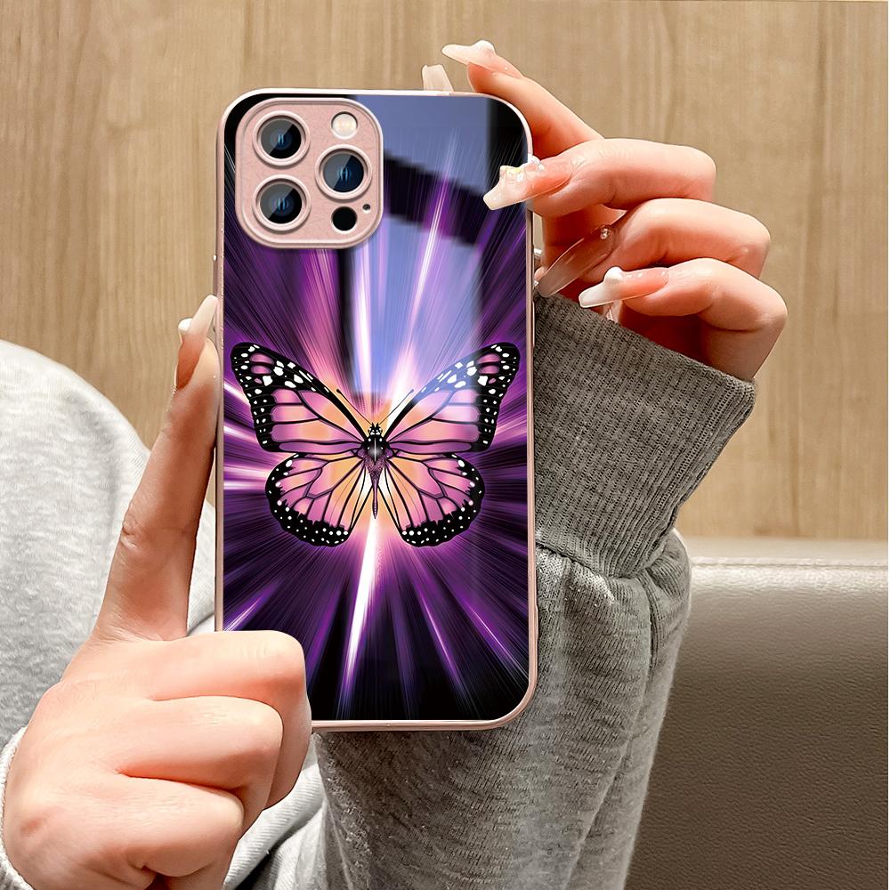 Colored Butterfly Phone Case Metallic Lacquer Tempered Glass Shockproof Cover for Huawei Honor iPhone OPPO Realme OnePlus Xiaomi Redmi Samsung Vivo