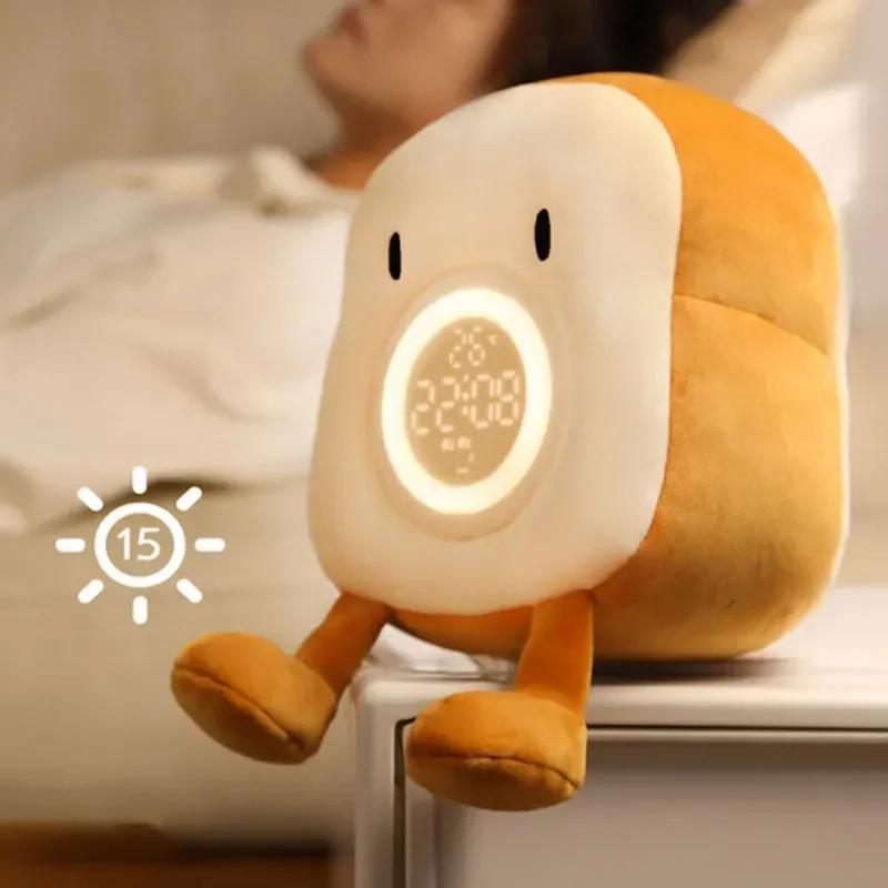 Bedroom Digital LED Clock Lamp Ipad Stand Cartoon Plush Toast Desktop Electronic Clock with Vibration Function Decoration Gift