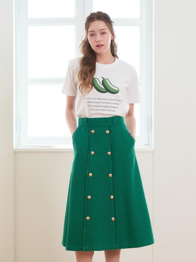 L By L Green Tweed Double Gold Button Skirt