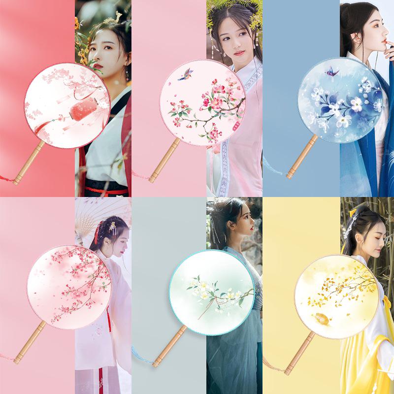 Translucent Embroidered Long-Handled Round Fan for Children's Hanfu and Cheongsam Costumes