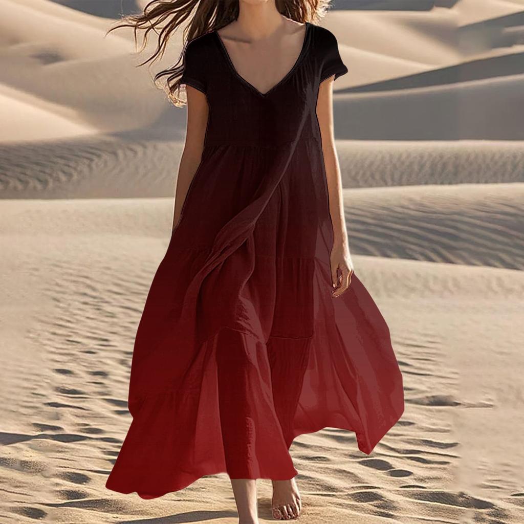 Women's Summer V-Neck Beach Long Short Sleeve Patchwork Gradient Dresses