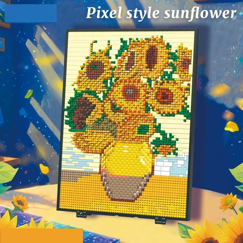 World Famous Creative Moc Sunflower View Series Plant Building Block Oil Painting Yellow Flowers Brick Model Toy