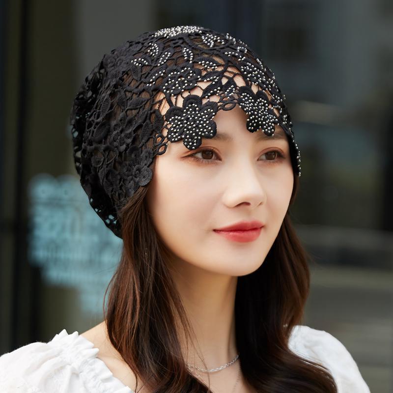 Women's Spring Summer Hollow Out Rhinestone Trimmed Ponytail Headscarf Hat Versatile Scarf Tied Multi Use Crochet Head Wrapping Hat